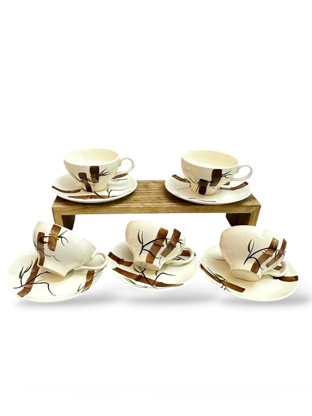 1950’s Vintage Tea Cup and Saucer Set with Brown Brushstroke Design - 6pc